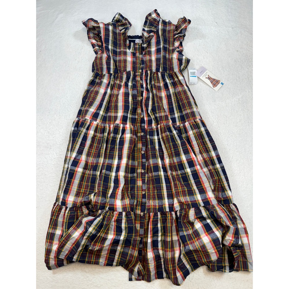 Blueberi Boulevard Navy Orange Plaid Tiered Maxi Dress XL NWT